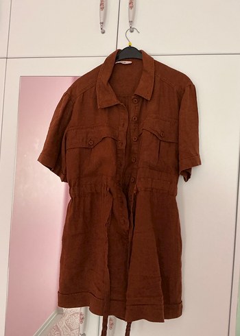 Adl kahverengi keten şort tulum - Görsel 5