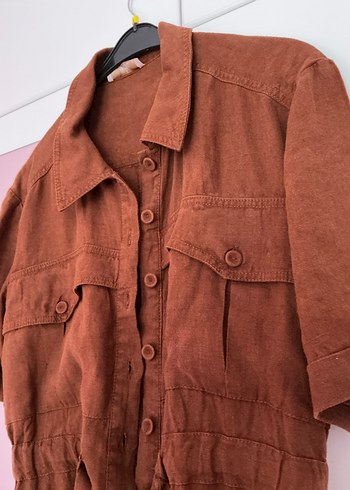 Adl kahverengi keten şort tulum - Görsel 2