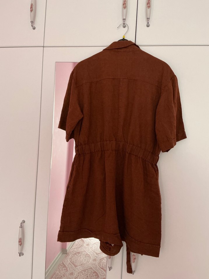 Adl kahverengi keten şort tulum - Görsel 4