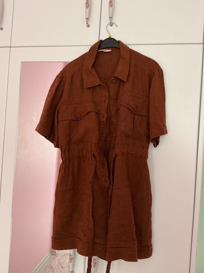 Adl kahverengi keten şort tulum - Görsel 5