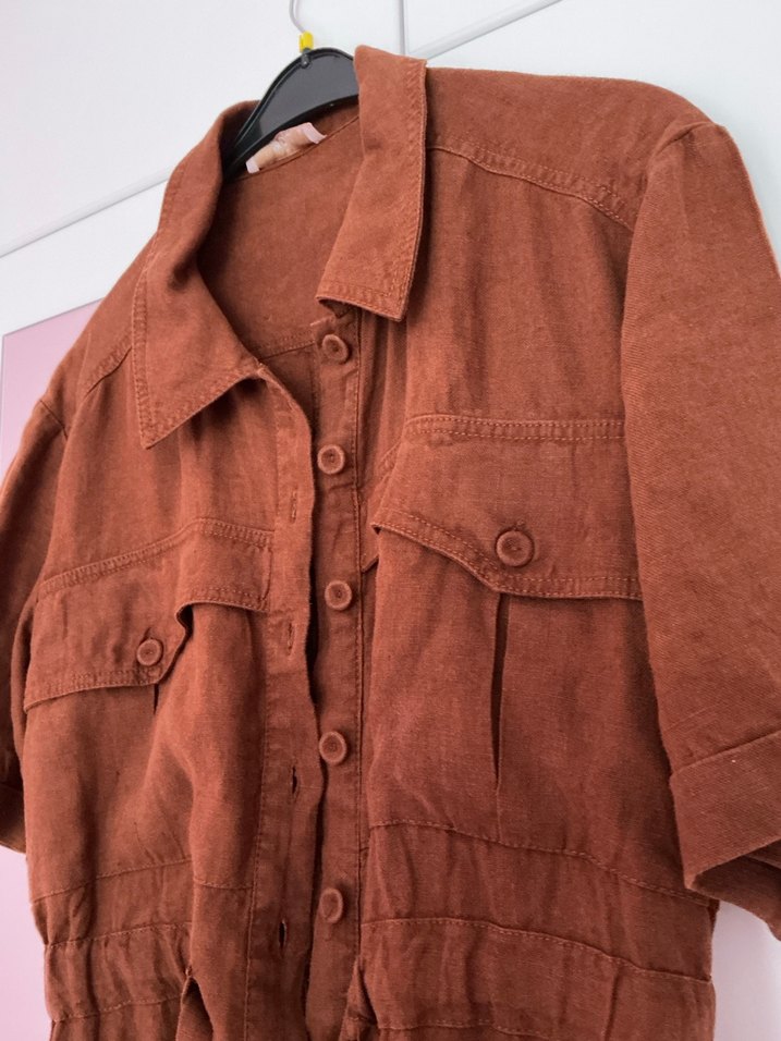 Adl kahverengi keten şort tulum - Görsel 2