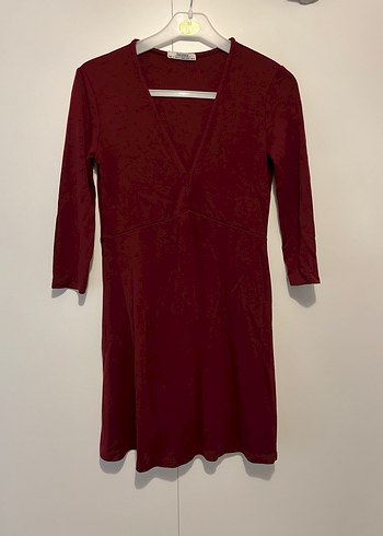 Bershka Bordo V Yaka Minimal Elbise