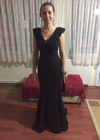 Siyah V Yakalı Uzun balık abiye elbise - Görsel 2