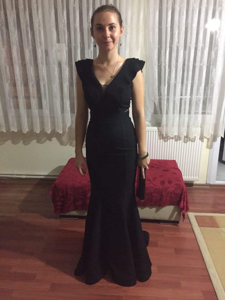 Siyah V Yakalı Uzun balık abiye elbise - Görsel 2