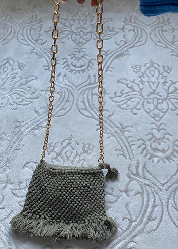 Gri Bohem Püsküllü Örgü Kadın Çanta - Görsel 3