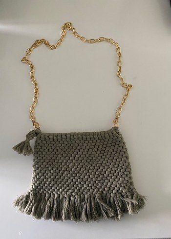 Gri Bohem Püsküllü Örgü Kadın Çanta - Görsel 6