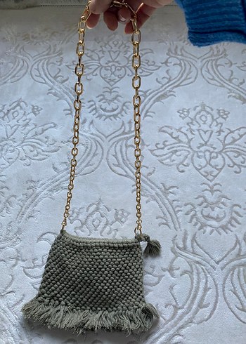 Gri Bohem Püsküllü Örgü Kadın Çanta - Görsel 2