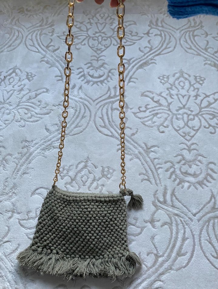 Gri Bohem Püsküllü Örgü Kadın Çanta - Görsel 3