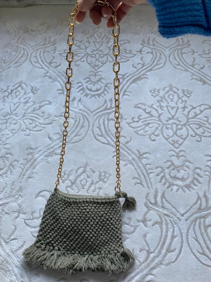 Gri Bohem Püsküllü Örgü Kadın Çanta - Görsel 2