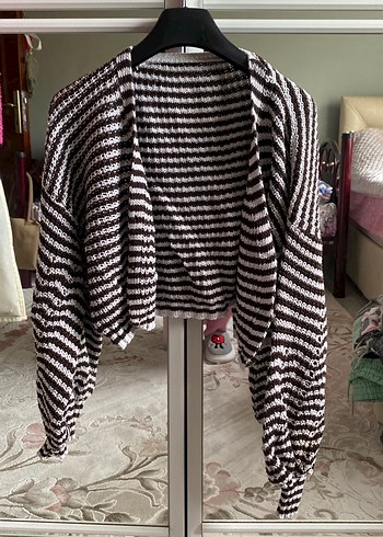 Zebra Desenli Kahverengi Uzun Kollu Örgü Hırka - Görsel 3