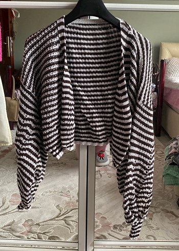 Zebra Desenli Kahverengi Uzun Kollu Örgü Hırka - Görsel 2