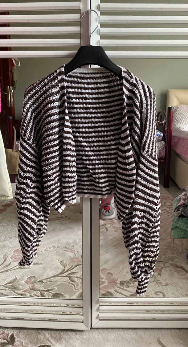 Zebra Desenli Kahverengi Uzun Kollu Örgü Hırka - Görsel 3