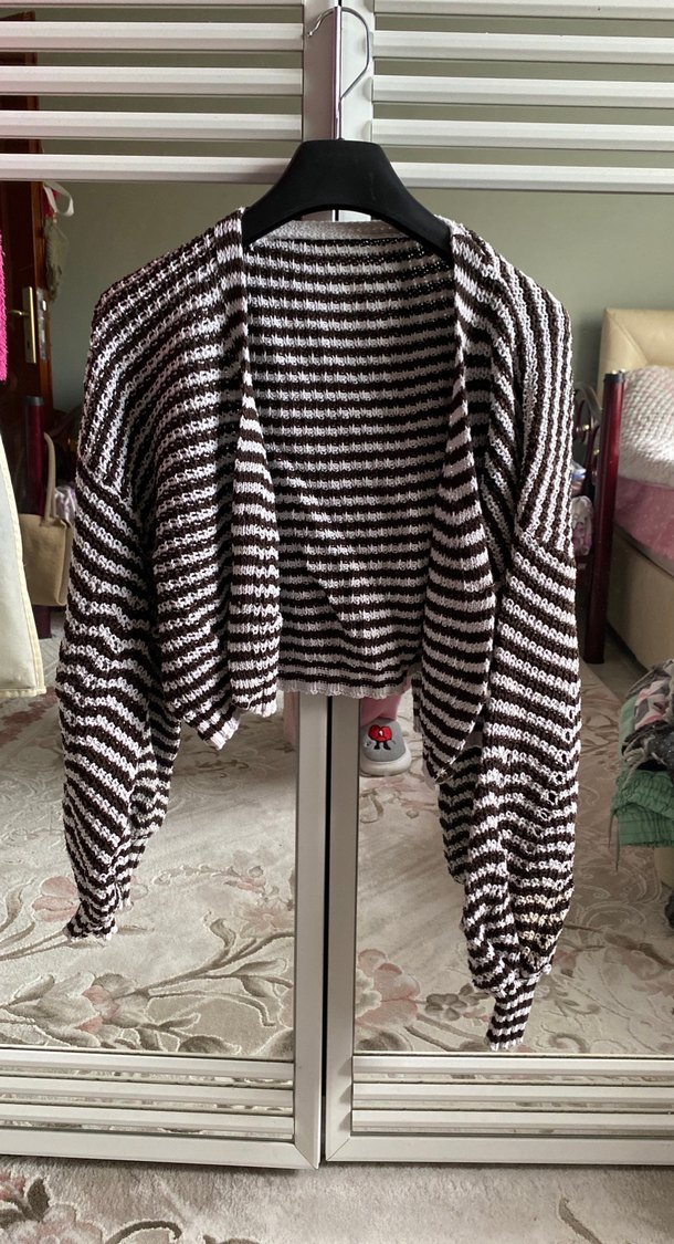 Zebra Desenli Kahverengi Uzun Kollu Örgü Hırka - Görsel 2