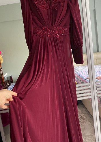 Bordo Uzun Kollu Nakışlı Abiye Elbise - Görsel 3