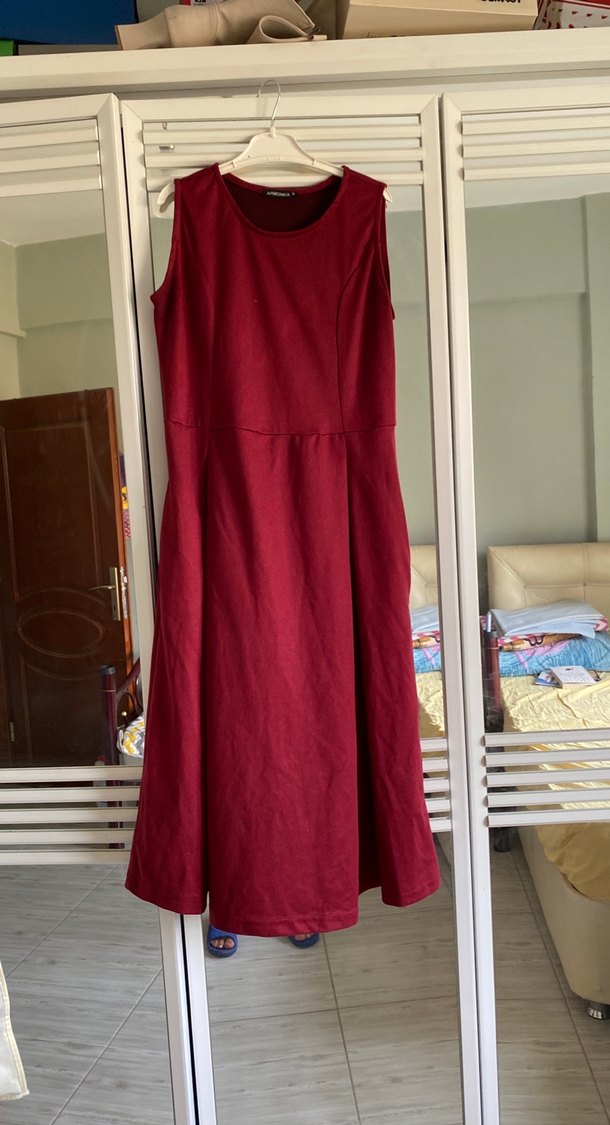 Bordo Midi Saten Elbise - Görsel 2