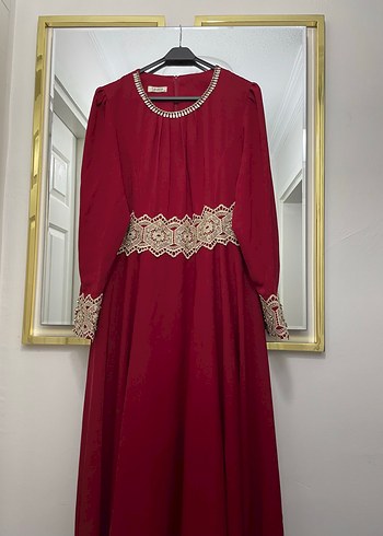 50 Beden Bordo İşlemeli Uzun Kollu Kadın Elbise