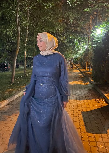 Mavi Uzun Kollu Drapeli Abiye Elbise