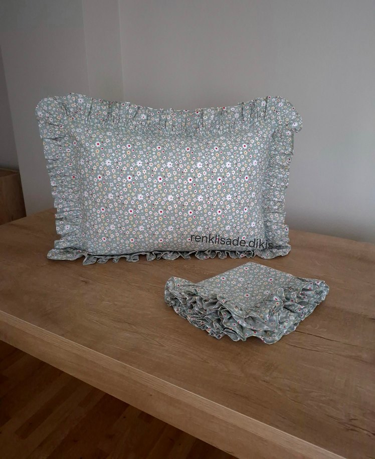 2 adet fırfırlı mint yeşili çiçekli yastık kılıfı - Görsel 2