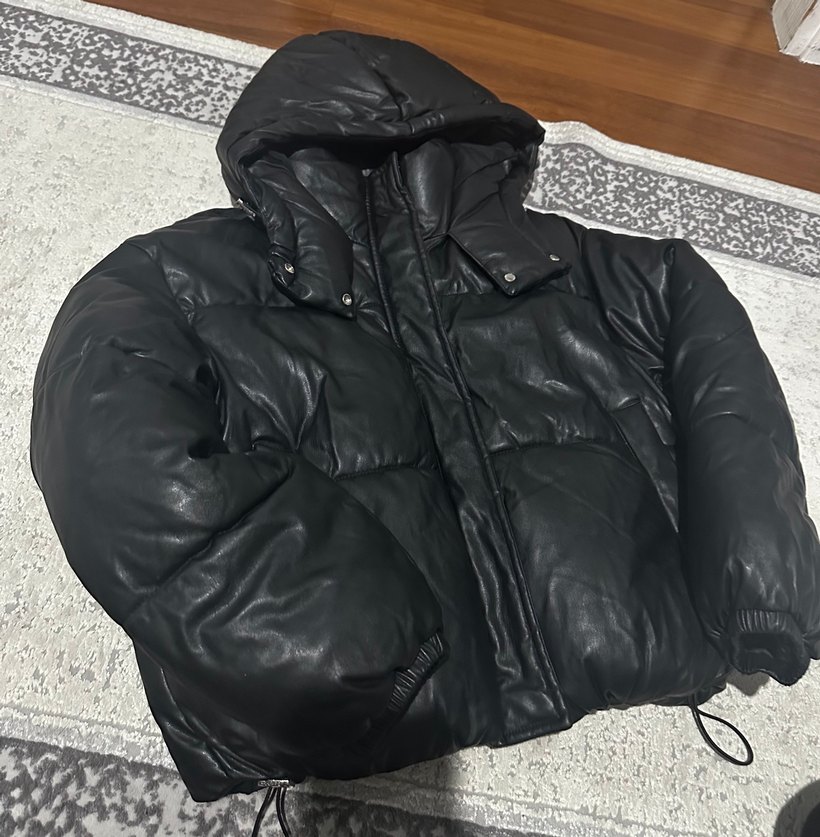 Siyah Deri Kadın Kışlık Şişme Mont - Görsel 3