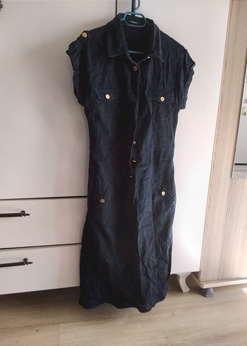 Kadın Lacivert Kısa Kollu Denim Uzun Elbise - Görsel 3