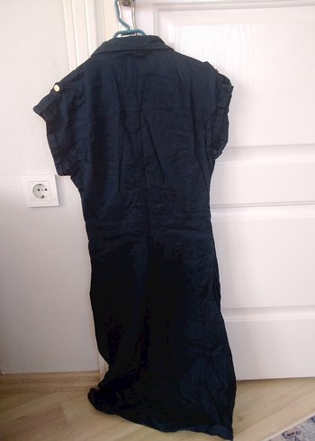 Kadın Lacivert Kısa Kollu Denim Uzun Elbise - Görsel 2