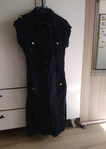 Kadın Lacivert Kısa Kollu Denim Uzun Elbise - Görsel 5