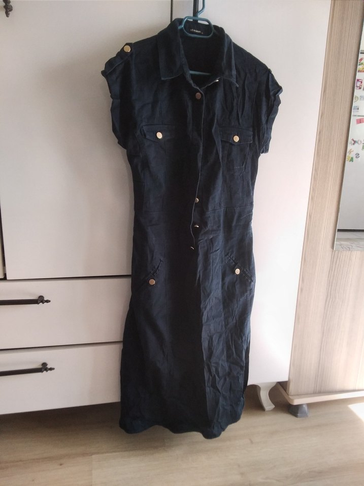 Kadın Lacivert Kısa Kollu Denim Uzun Elbise - Görsel 3