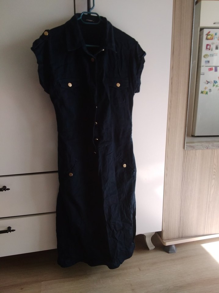 Kadın Lacivert Kısa Kollu Denim Uzun Elbise - Görsel 5