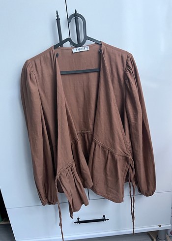 Zara Kahverengi V Yaka Keten Kadın Bluz