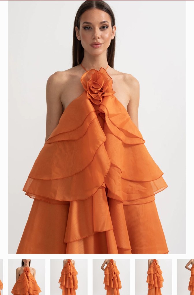 Turuncu Askısız Kat Kat Uzun Elbise - Görsel 3