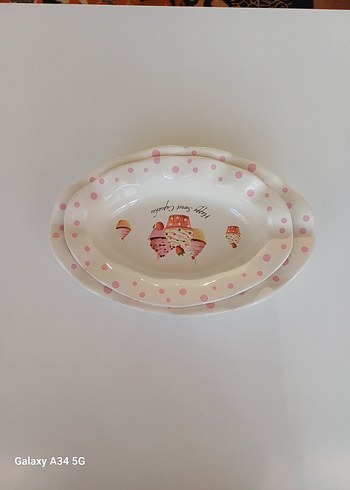 Pembe Puantiyeli 2 adet oval tabak - Görsel 4