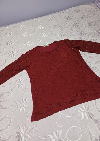 Bordo Dantel Detaylı Kollu Kadın Bluz