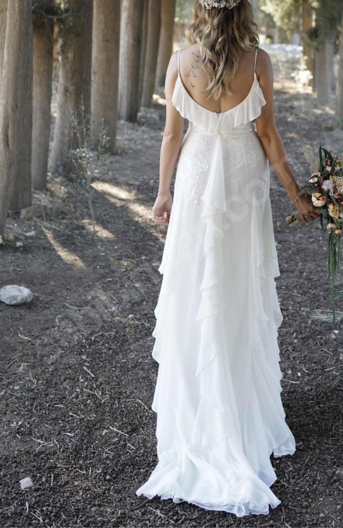 Bohem Tarzı Beyaz Uzun A Kesim Gelinlik - Görsel 2