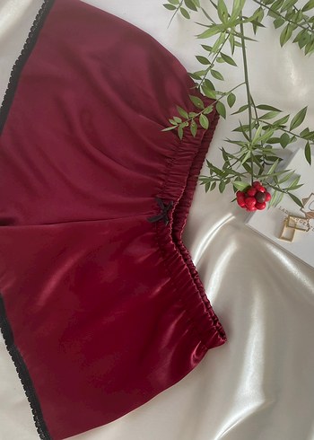 Bordo Mini Saten Şortlu Kadın Pijama Takımı - Görsel 3