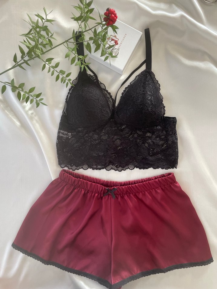 Bordo Mini Saten Şortlu Kadın Pijama Takımı - Görsel 4