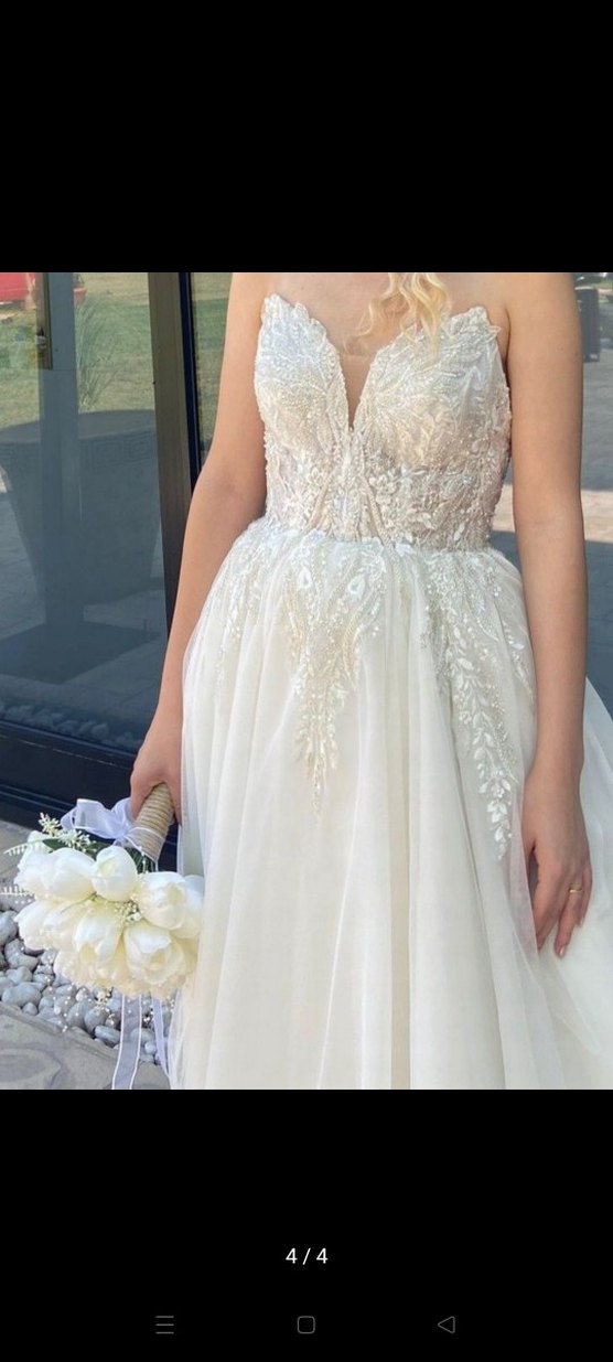 V Yaka Beyaz Uzun A Kesim Gelinlik - Görsel 3