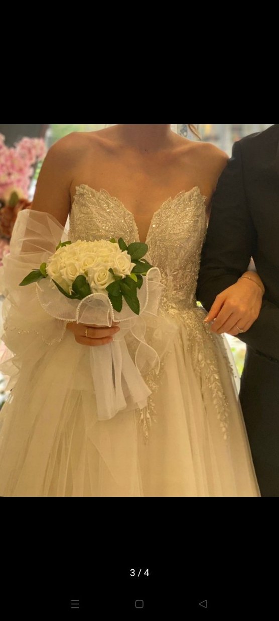 V Yaka Beyaz Uzun A Kesim Gelinlik - Görsel 2