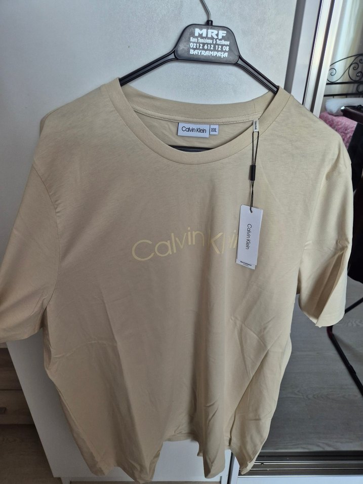 Bej Pamuklu Calvin Klein Erkek Tişört - Görsel 4