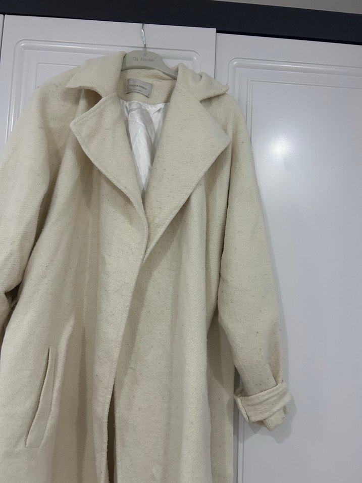 Bej Uzun Keten Kadın Palto - Görsel 2