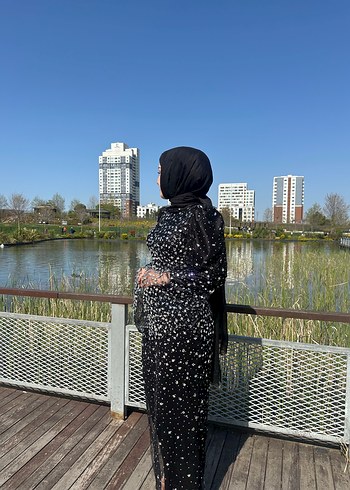 38 Beden Uzun Siyah Bağlamalı Yaka Kadın Elbise