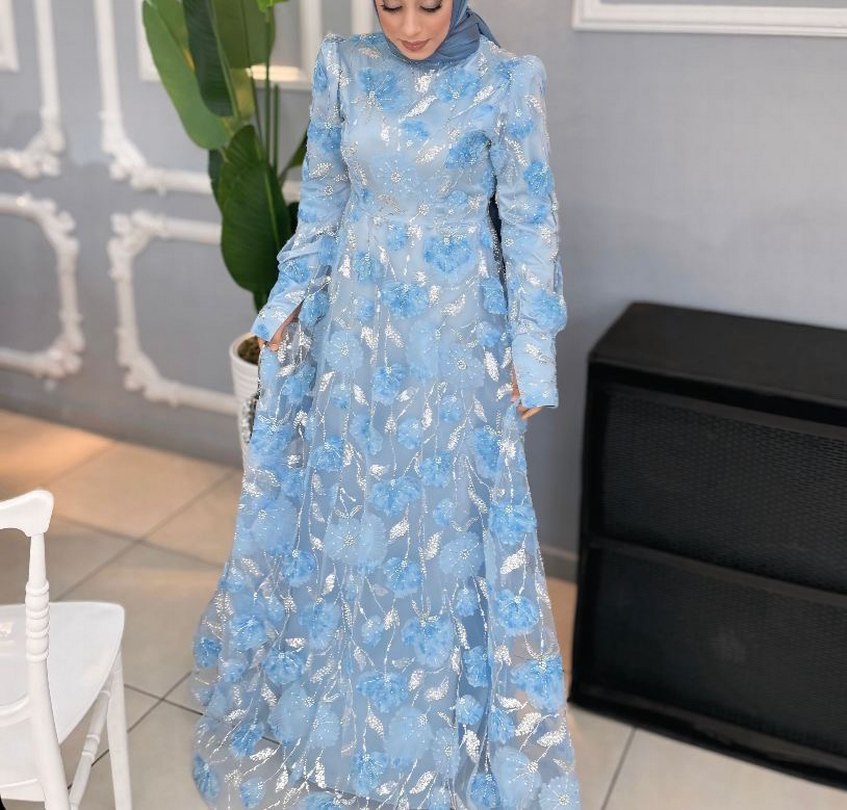 Mavi İşlemeli Uzun Bohem Tesettür Abiye - Görsel 2