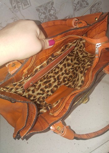 turuncu Deri Vintage Kadın Çanta - Görsel 4