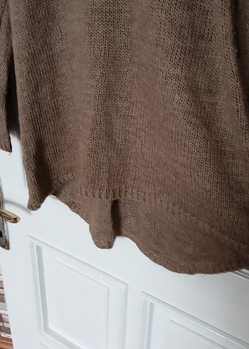 V Yaka Kahverengi Mini Kadın Triko Kazak - Görsel 4