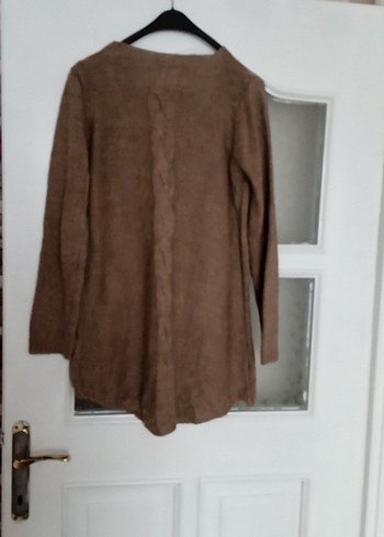 V Yaka Kahverengi Mini Kadın Triko Kazak - Görsel 2