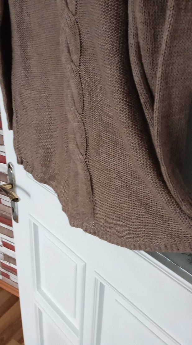 V Yaka Kahverengi Mini Kadın Triko Kazak - Görsel 3