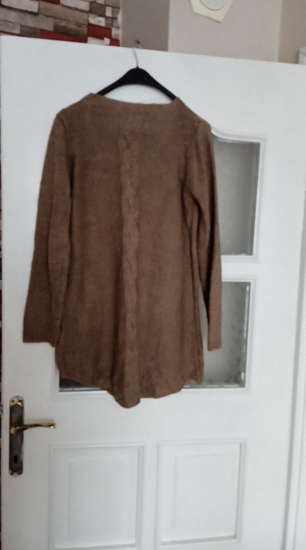 V Yaka Kahverengi Mini Kadın Triko Kazak - Görsel 2