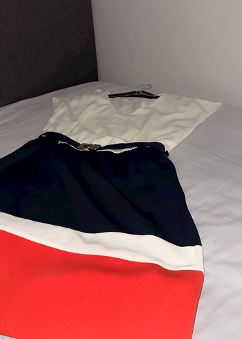 Kemerli mini Beyaz Lacivert Elbise - Görsel 3