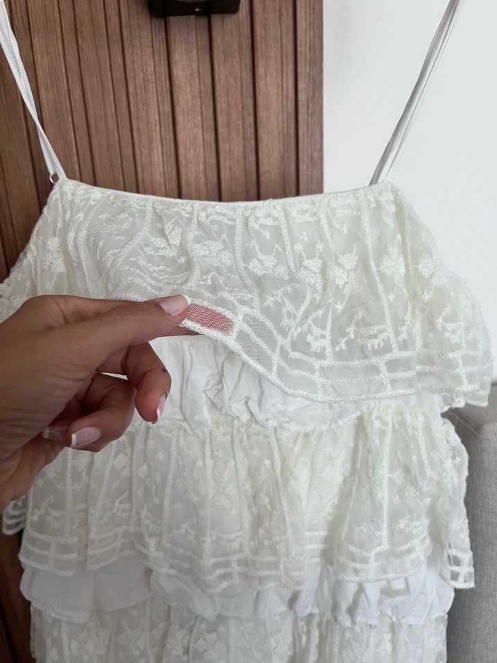 Beyaz Nakışlı Kat Kat Mini Elbise - Görsel 2