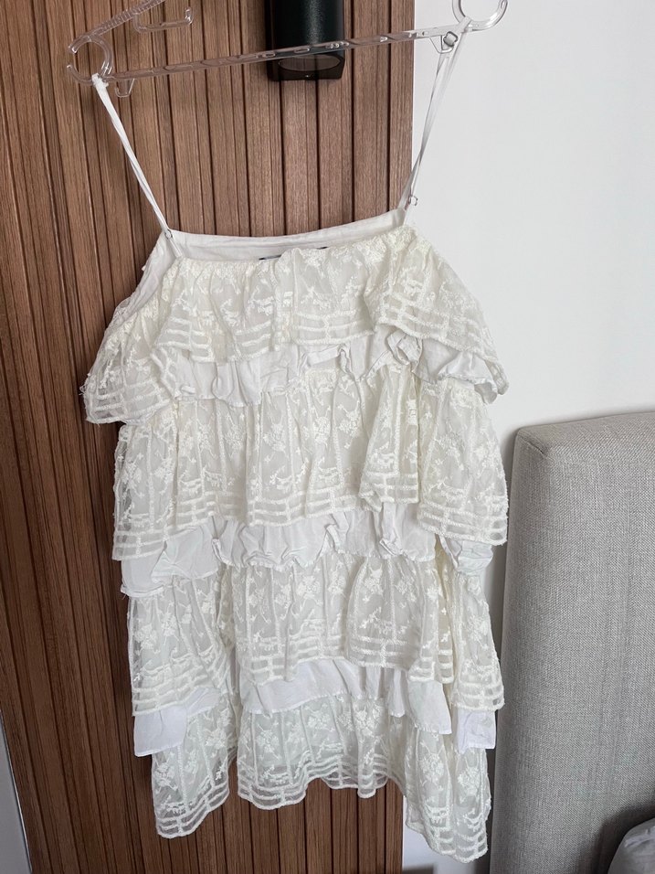 Beyaz Nakışlı Kat Kat Mini Elbise - Görsel 4