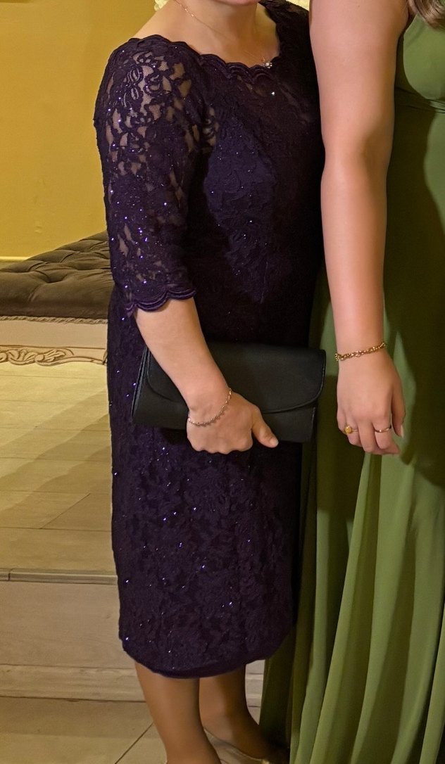 Mor Dantel Detaylı Uzun Kollu Midi Elbise - Görsel 2